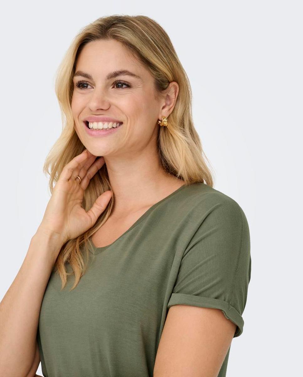 T-shirt de Manga Curta com Decote em Bico Verde pardo-3