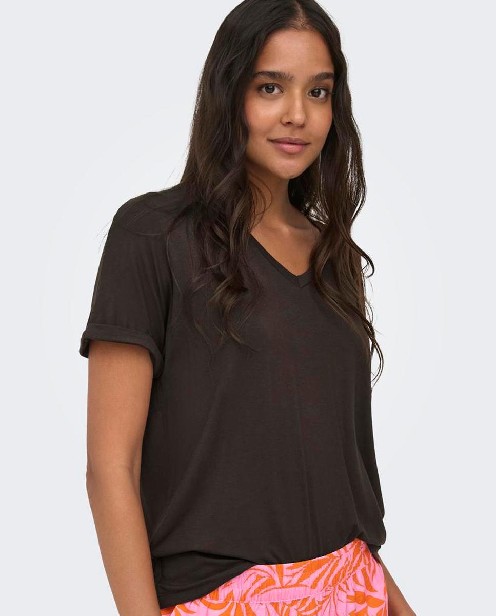 Camiseta de mujer de manga corta con cuello pico - jdy - Marrón oscuro Marrón oscuro-5