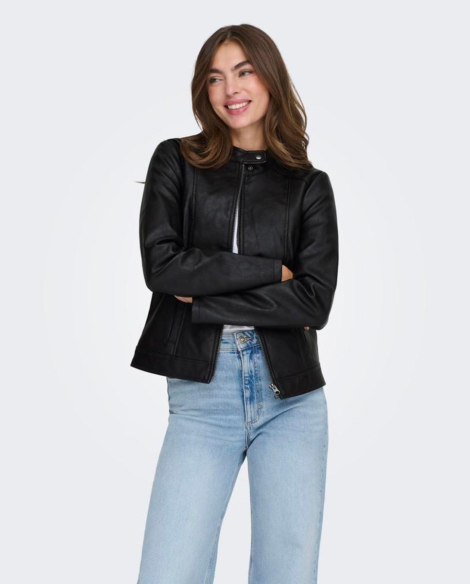 Blusão Estilo Biker com Fecho de Correr Preto-2