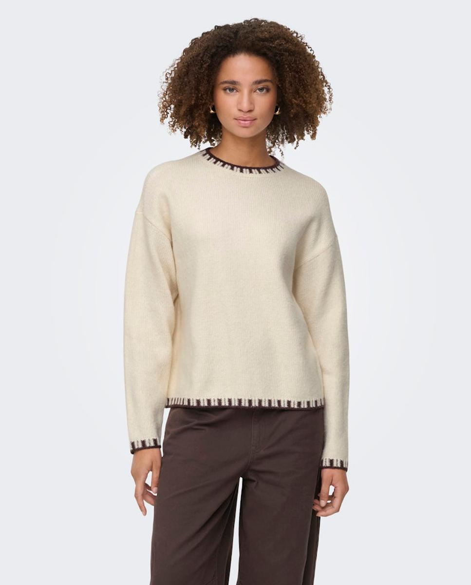 Camisola de malha de mulher com manga comprida Creme-3