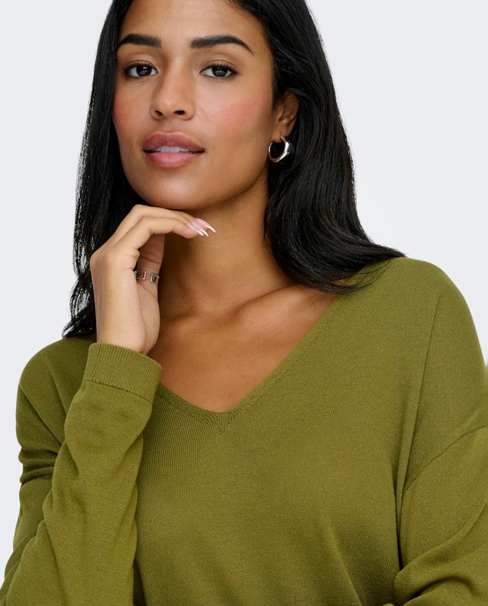 Camisola de malha fina com decote em bico Verde-3