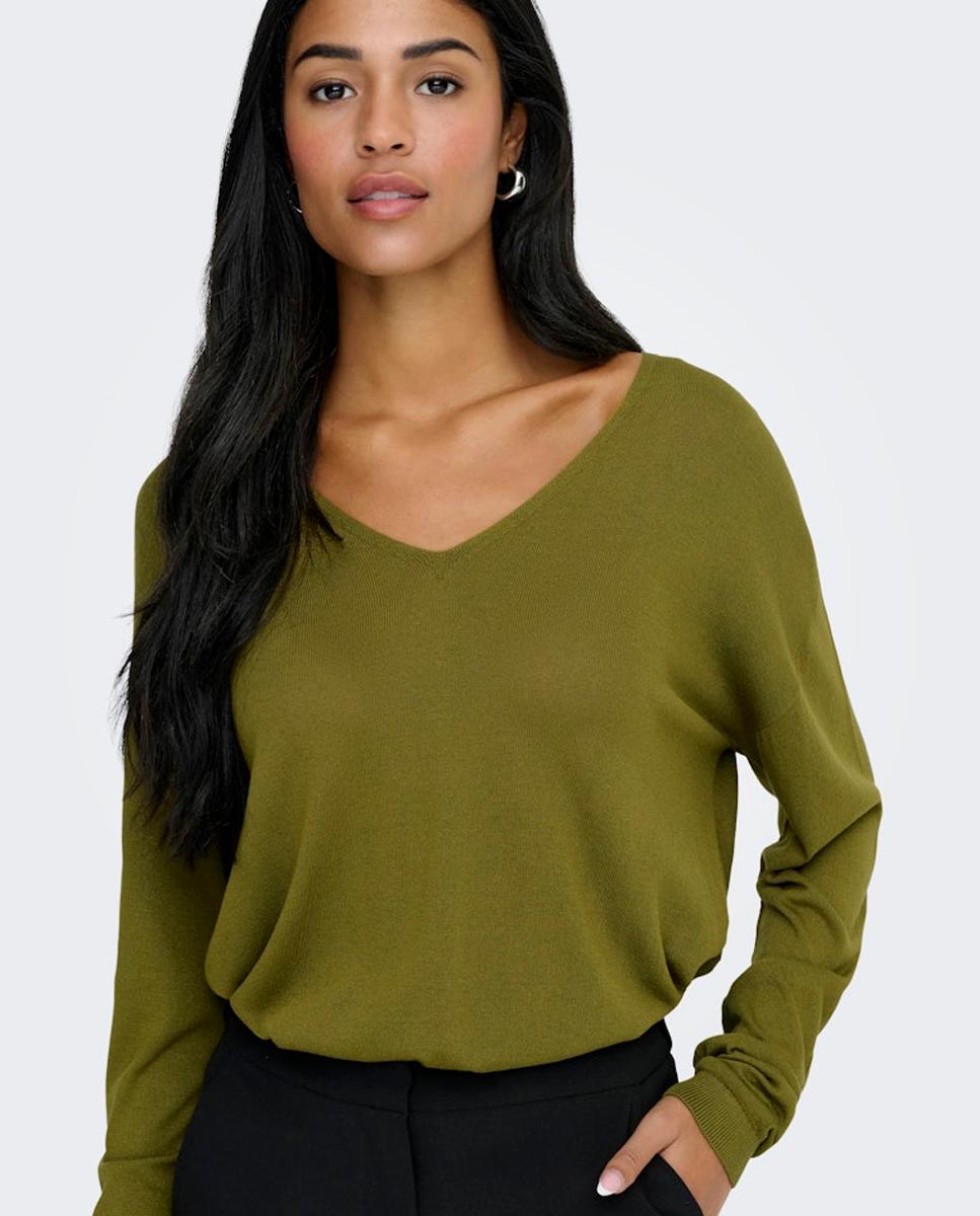 Camisola de malha fina com decote em bico Verde-5