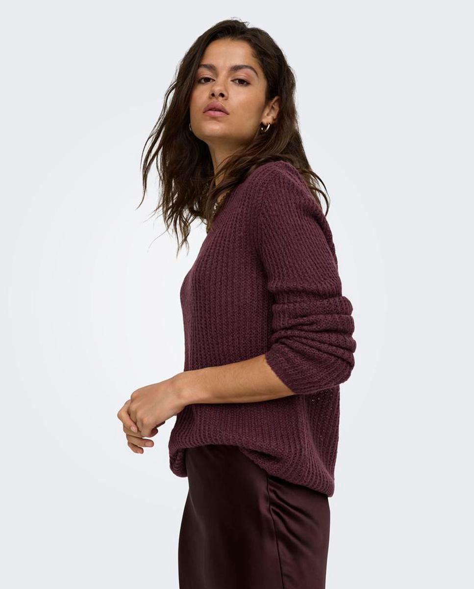Camisola de malha de manga comprida com decote redondo Vermelho/Grená-4