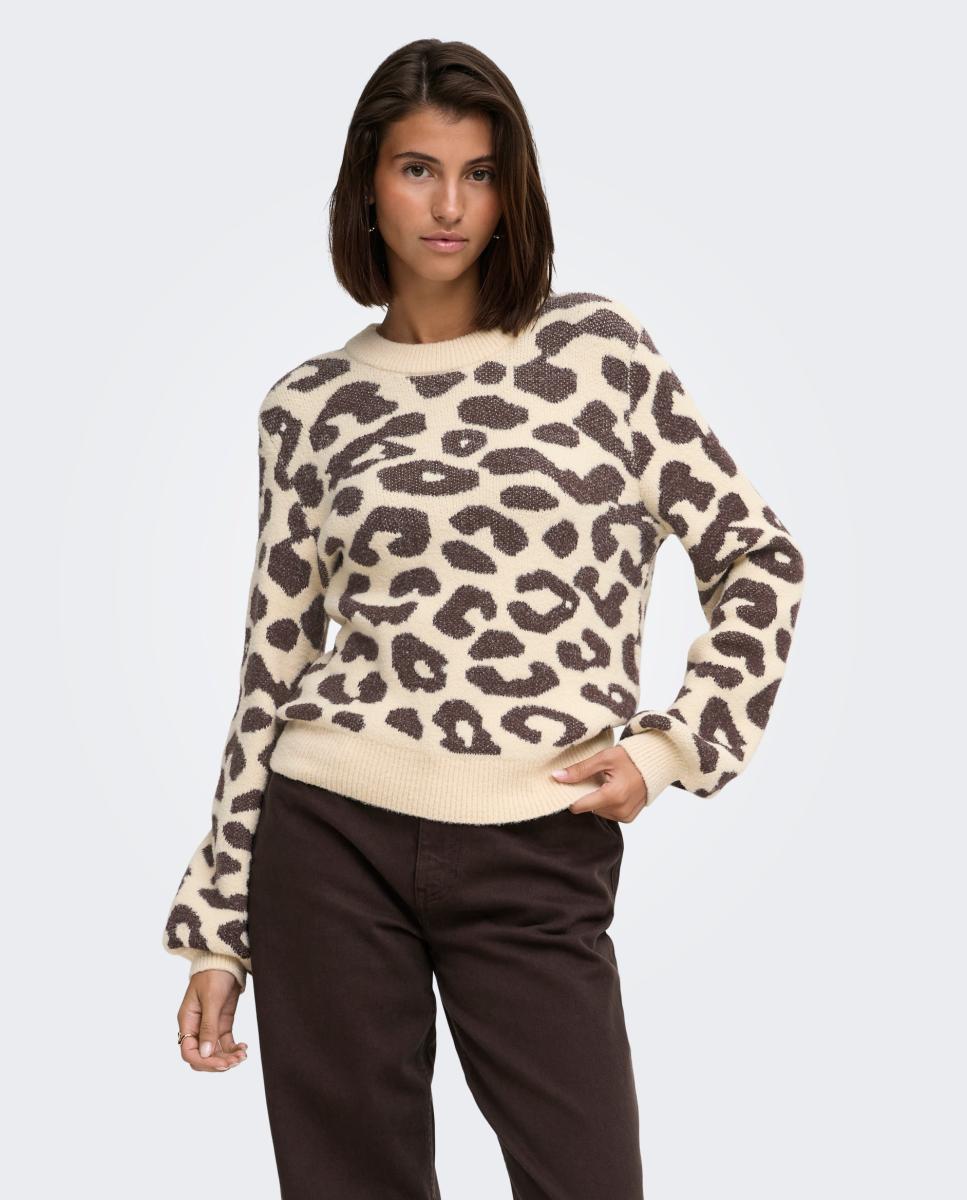 Imagem 0 de Camisola de Malha com Animal Print e Decote Redondo