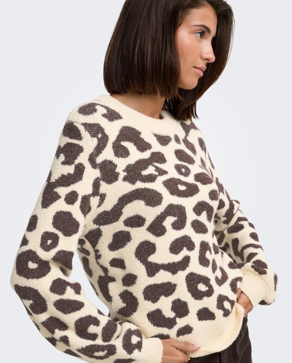 Camisola de Malha com Animal Print e Decote Redondo Lã-4