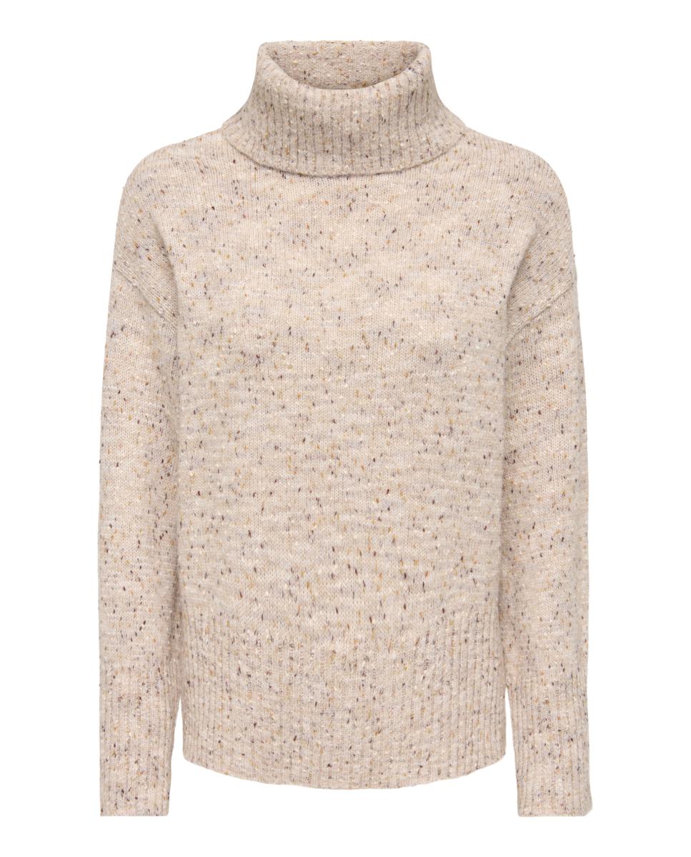 Camisola de malha de mulher com gola dobrada e manga comprida Bege-6