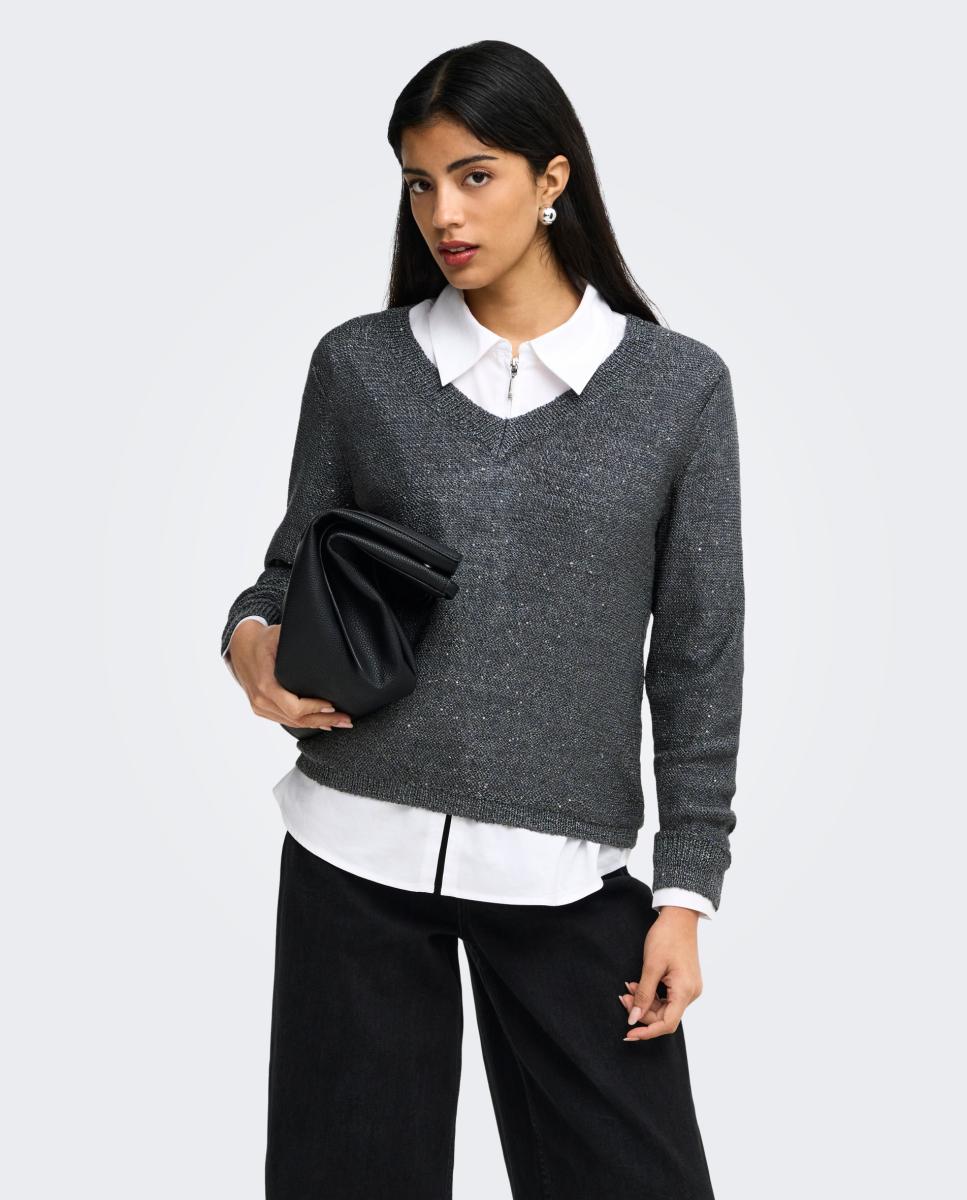 Jersey de mujer con escote pico y manga larga - jdy - Gris oscuro Gris oscuro-1