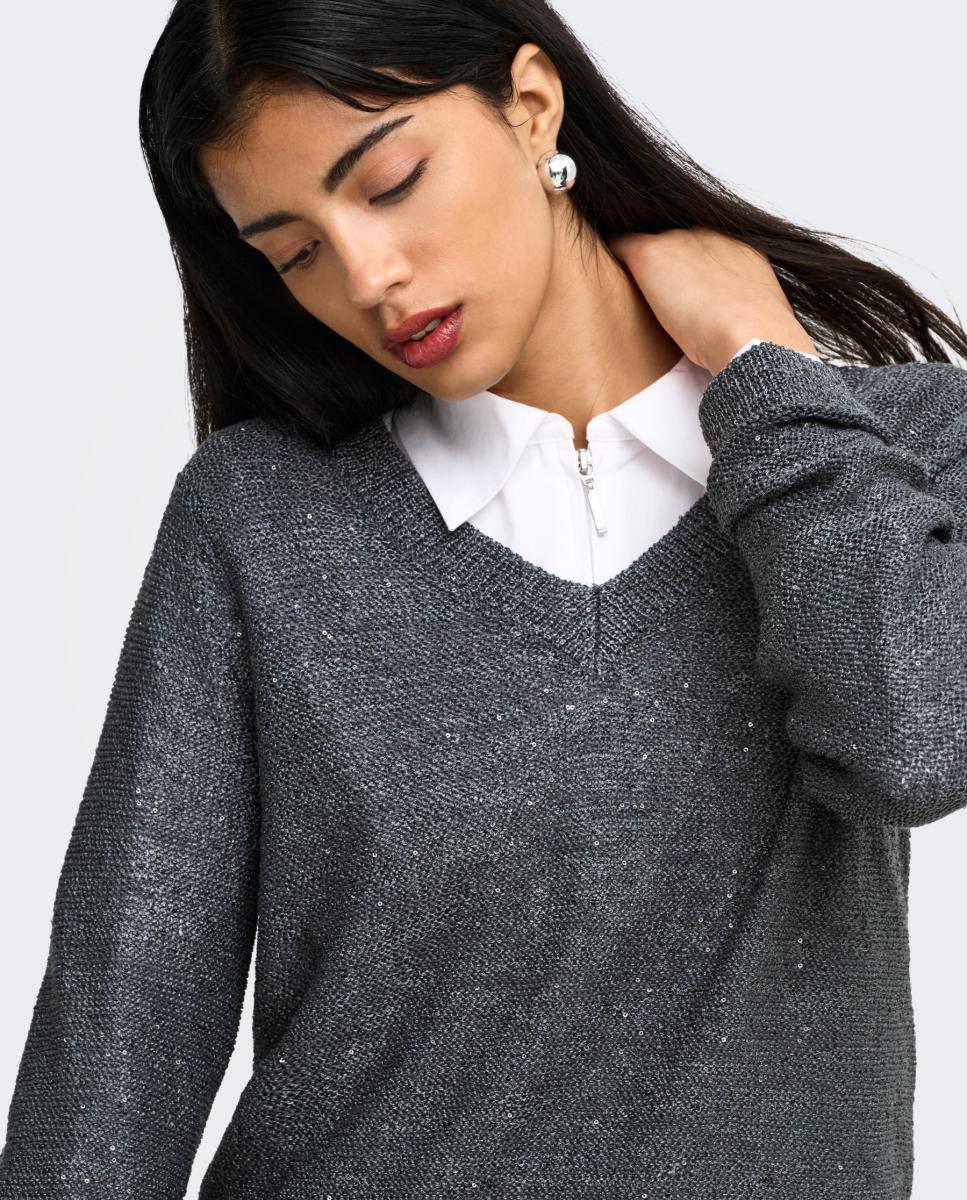 Jersey de mujer con escote pico y manga larga - jdy - Gris oscuro Gris oscuro-3