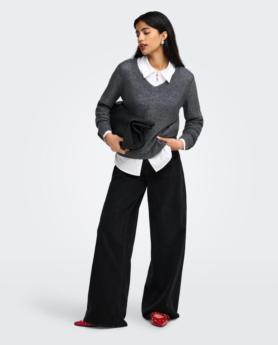 Jersey de mujer con escote pico y manga larga - jdy - Gris oscuro Gris oscuro-4