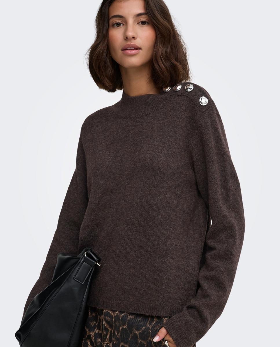 Camisola de malha de mulher com gola alta e manga comprida Castanho-escuro-4