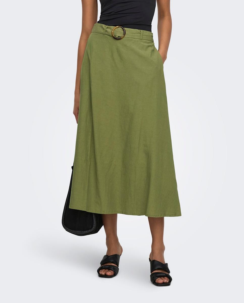 Saia Midi com Cinto e de Linho Verde-3