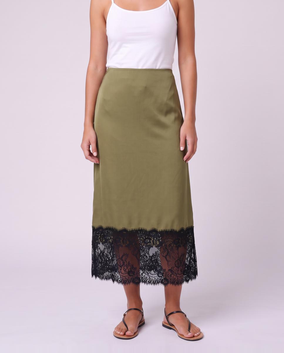 Falda midi con cintura alta y detalle de encaje - jdy - Kaki Kaki-2