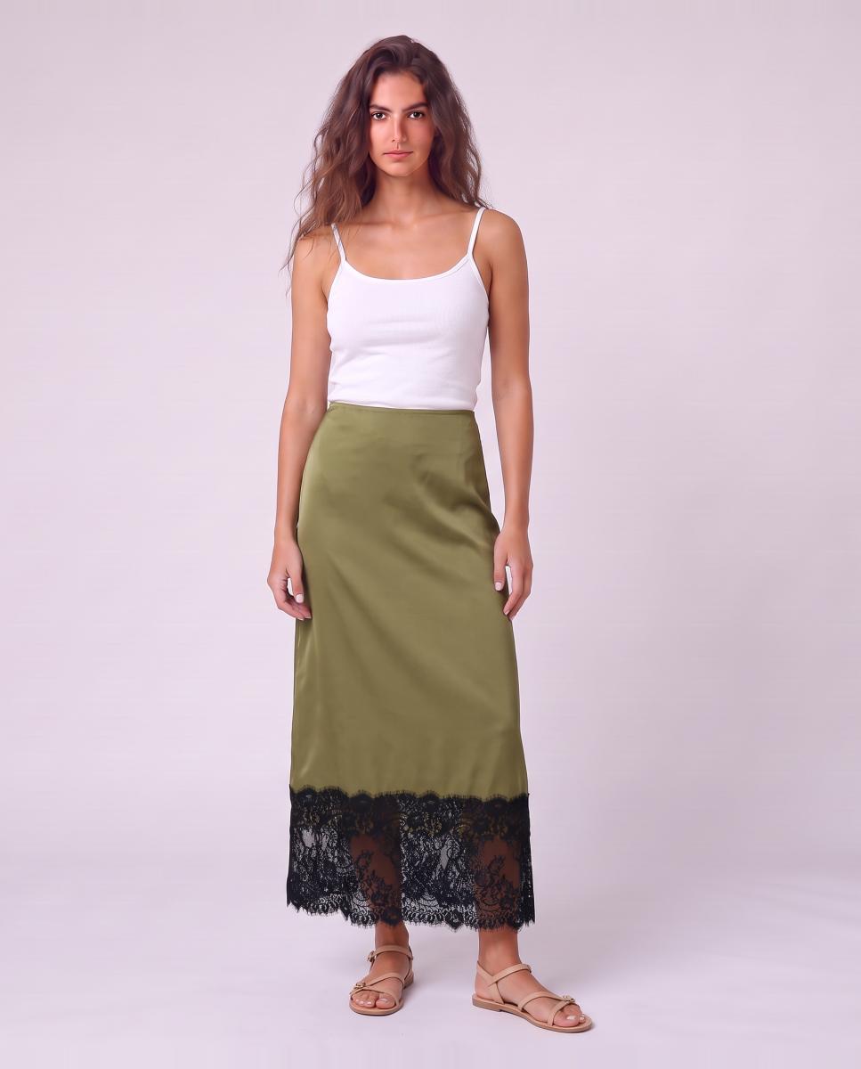 Falda midi con cintura alta y detalle de encaje - jdy - Kaki Kaki-3