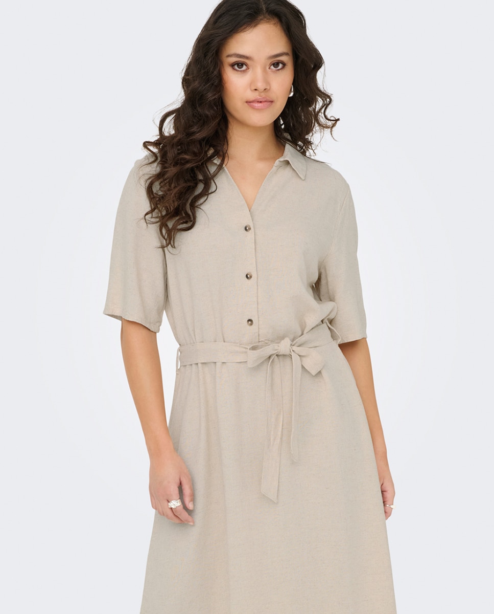 Vestido Camiseiro de Linho Midi Bege-2