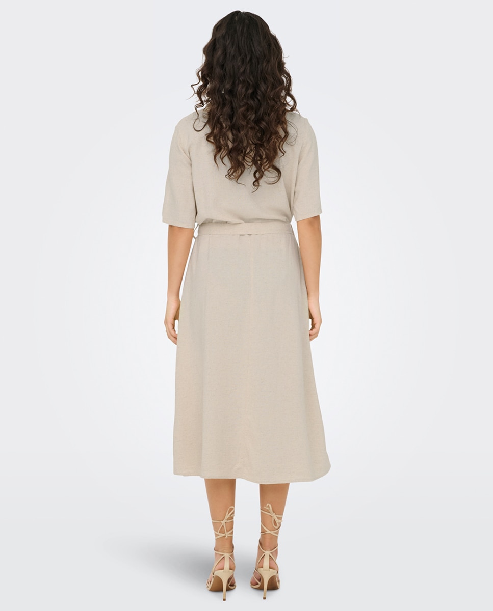 Vestido Camiseiro de Linho Midi Bege-3