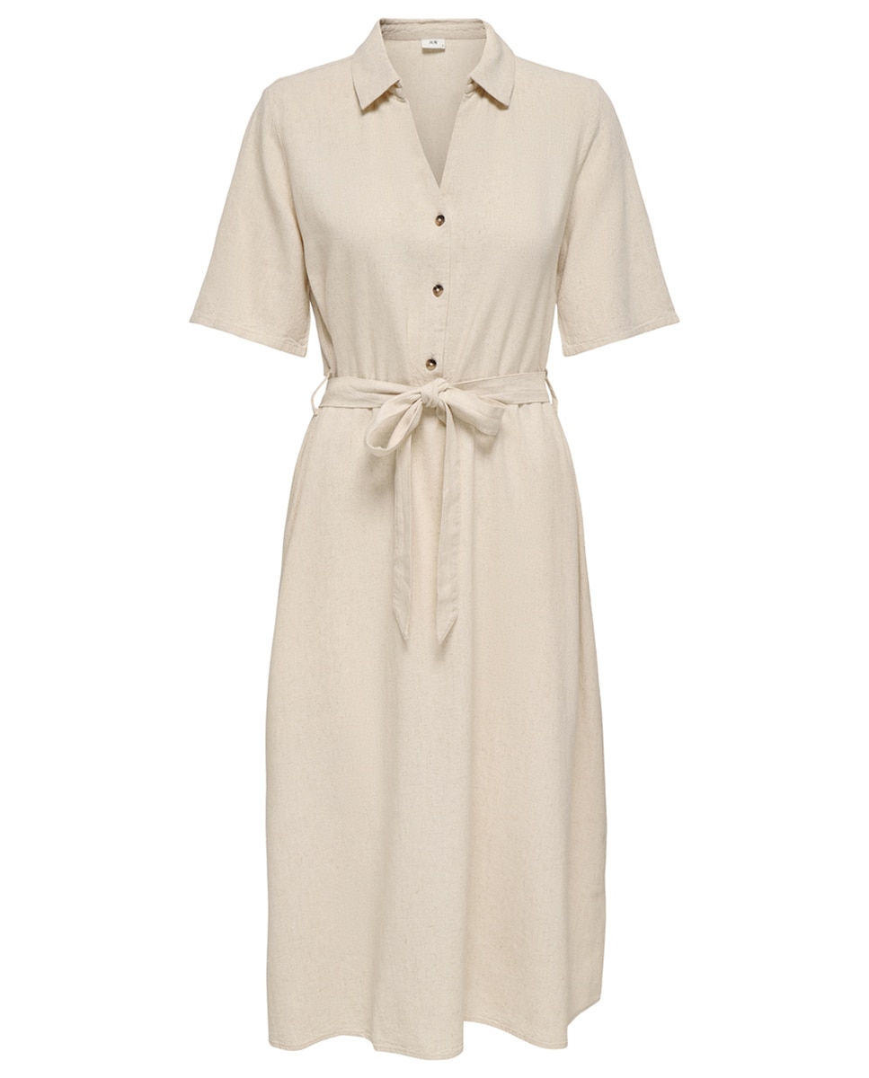 Vestido Camiseiro de Linho Midi Bege-5