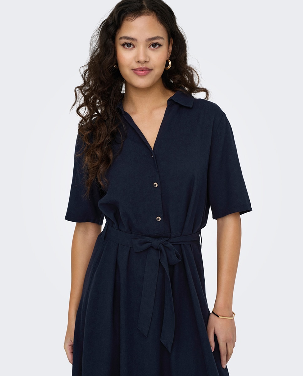Vestido Camiseiro de Linho Midi Azul-marinho-2