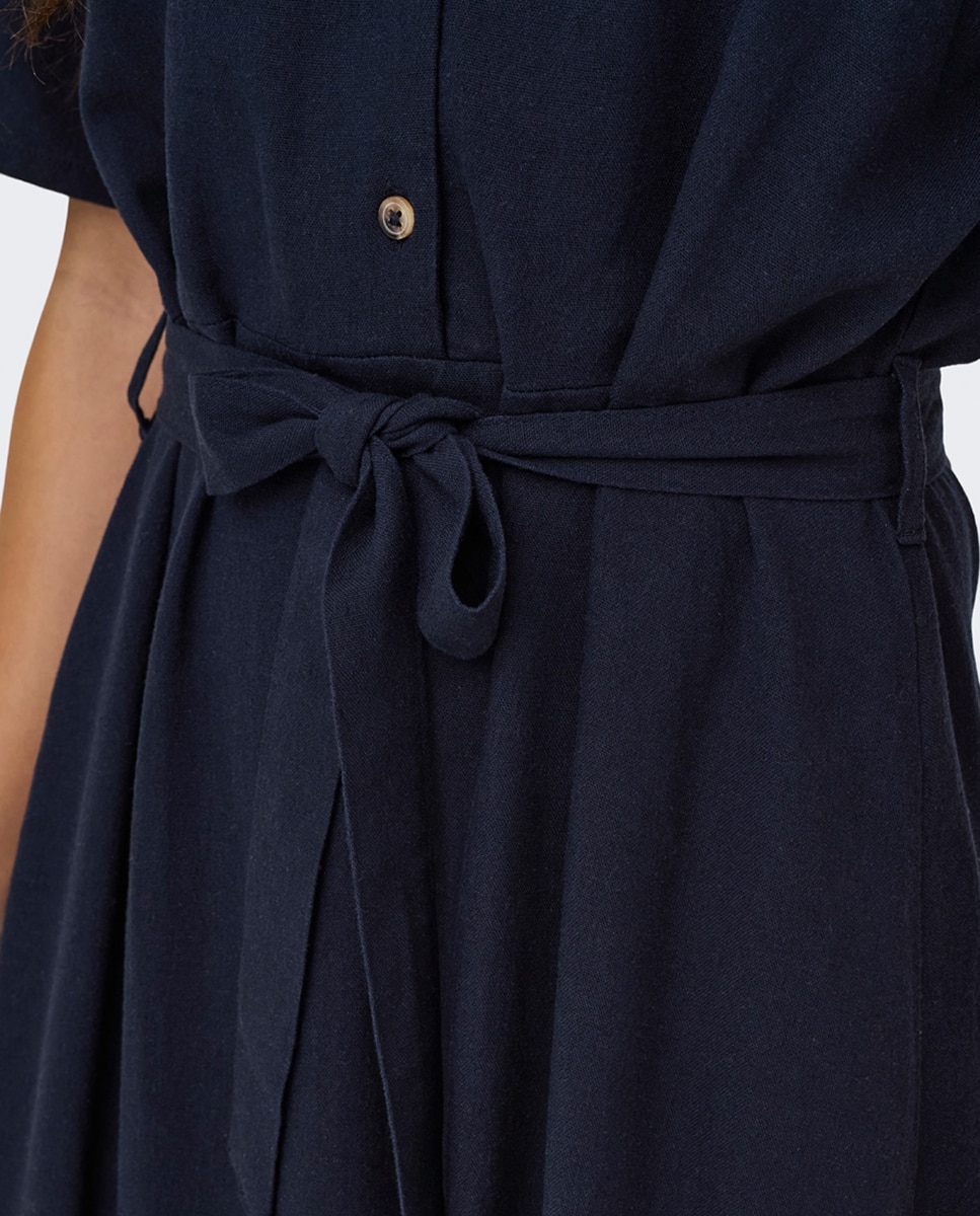 Vestido Camiseiro de Linho Midi Azul-marinho-3