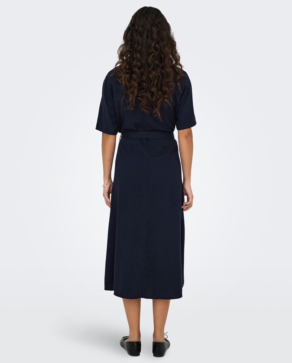 Vestido Camiseiro de Linho Midi Azul-marinho-4