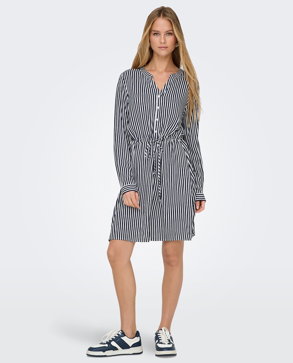 Imagem 0 de Vestido às Riscas com Manga Comprida e Decote em Bico