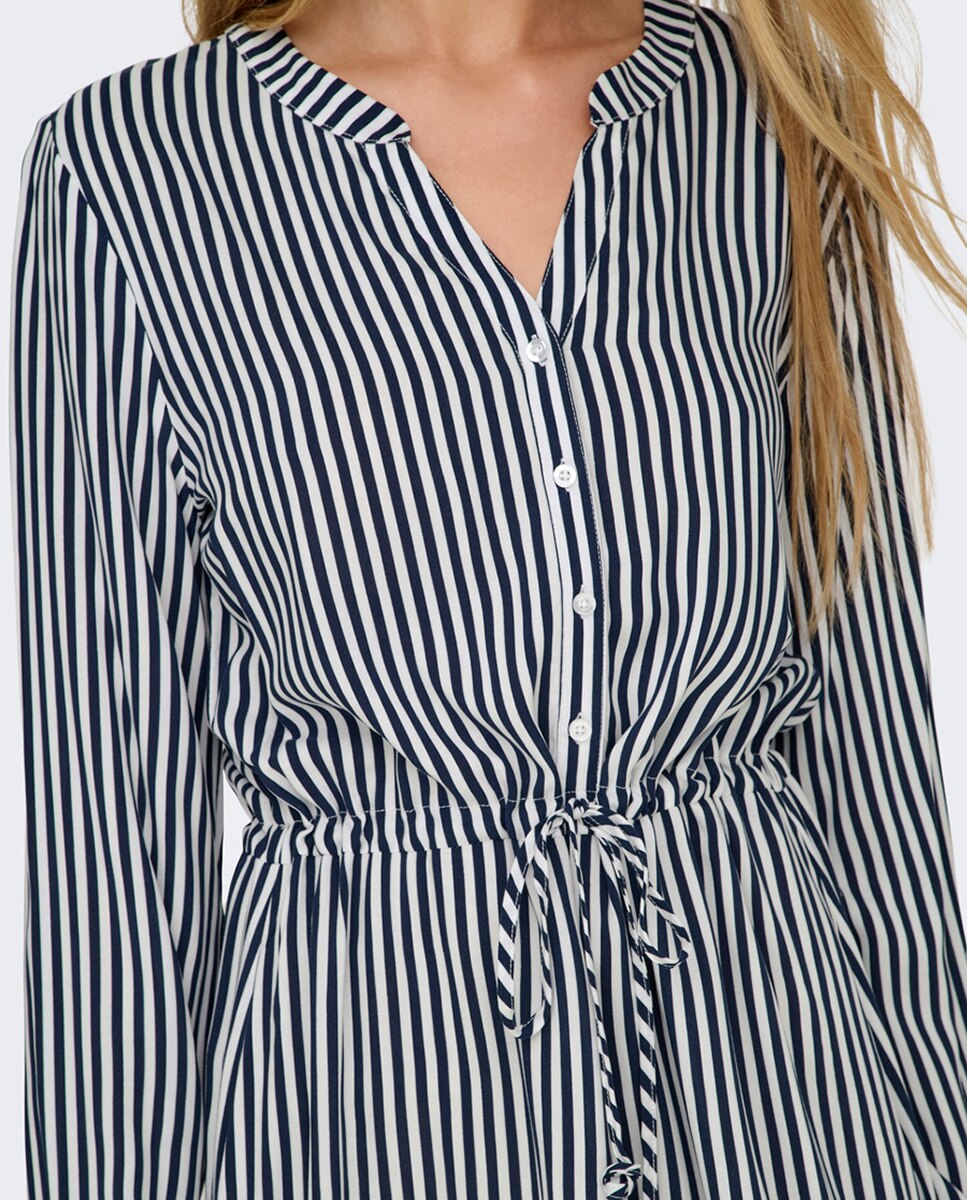 Vestido às Riscas com Manga Comprida e Decote em Bico Azul-marinho-2