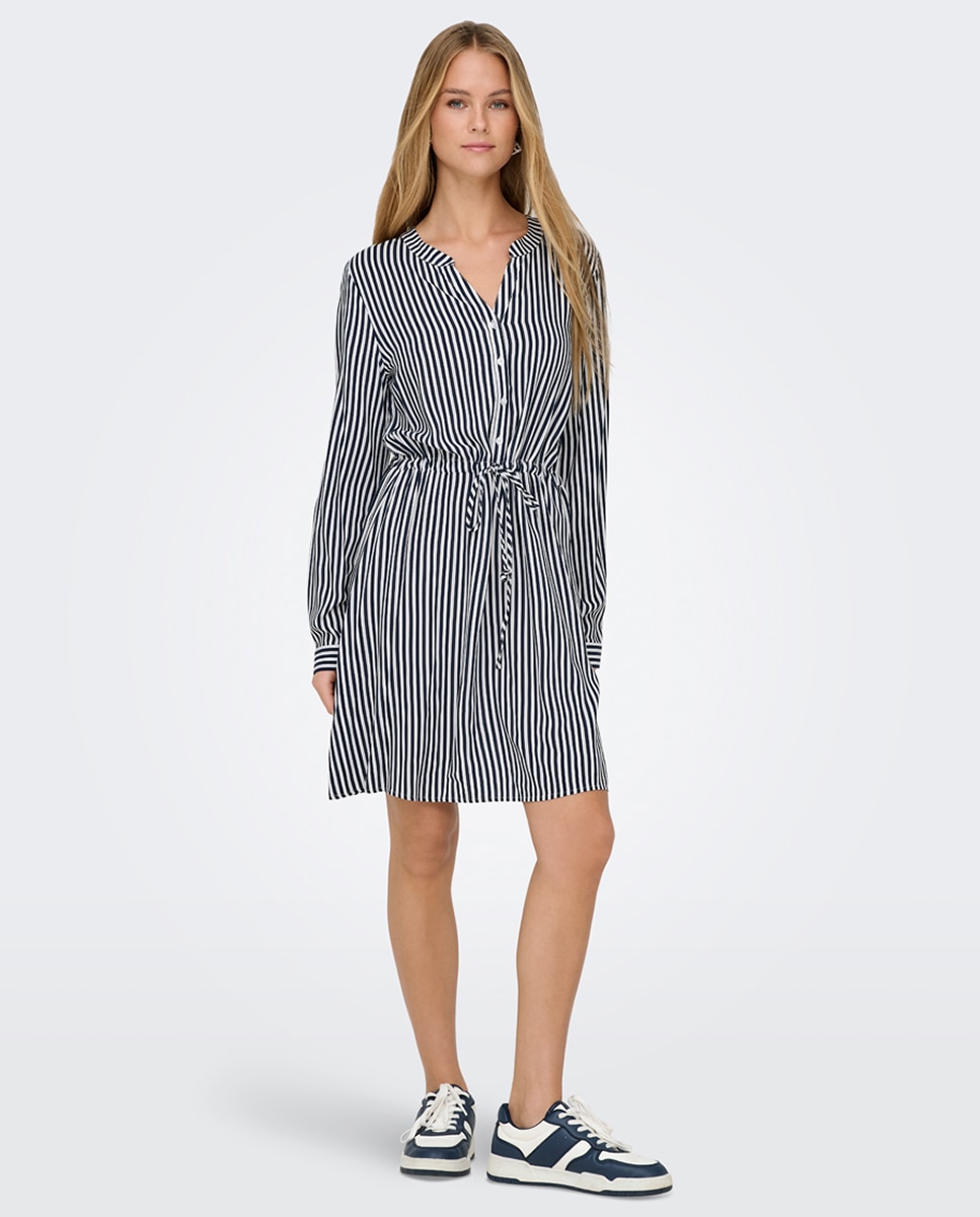 Vestido às Riscas com Manga Comprida e Decote em Bico Azul-marinho-3