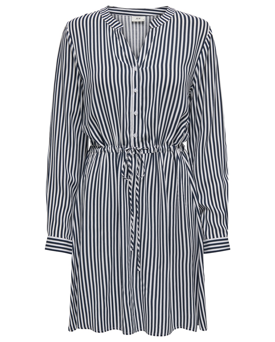 Vestido às Riscas com Manga Comprida e Decote em Bico Azul-marinho-5