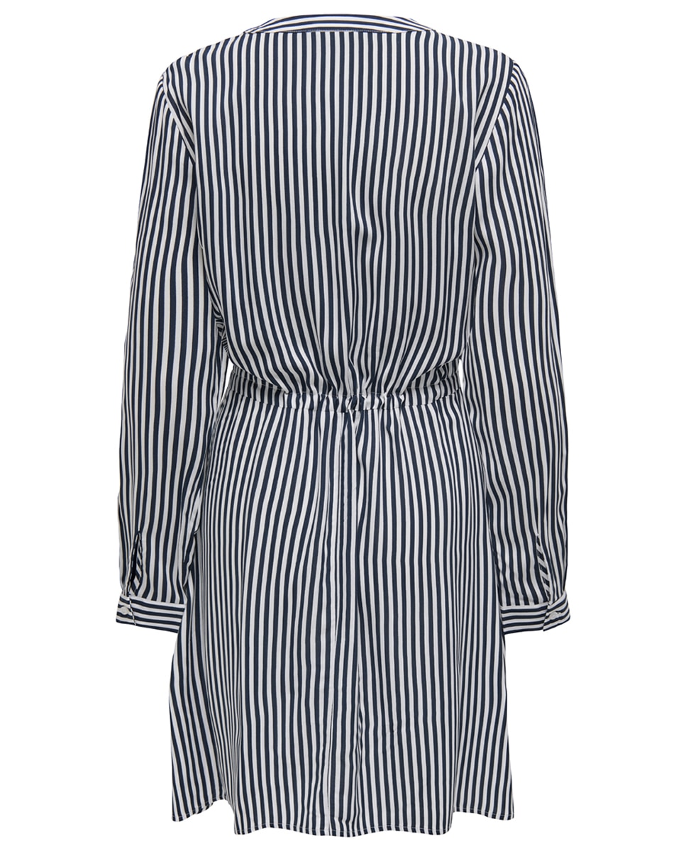 Vestido às Riscas com Manga Comprida e Decote em Bico Azul-marinho-6