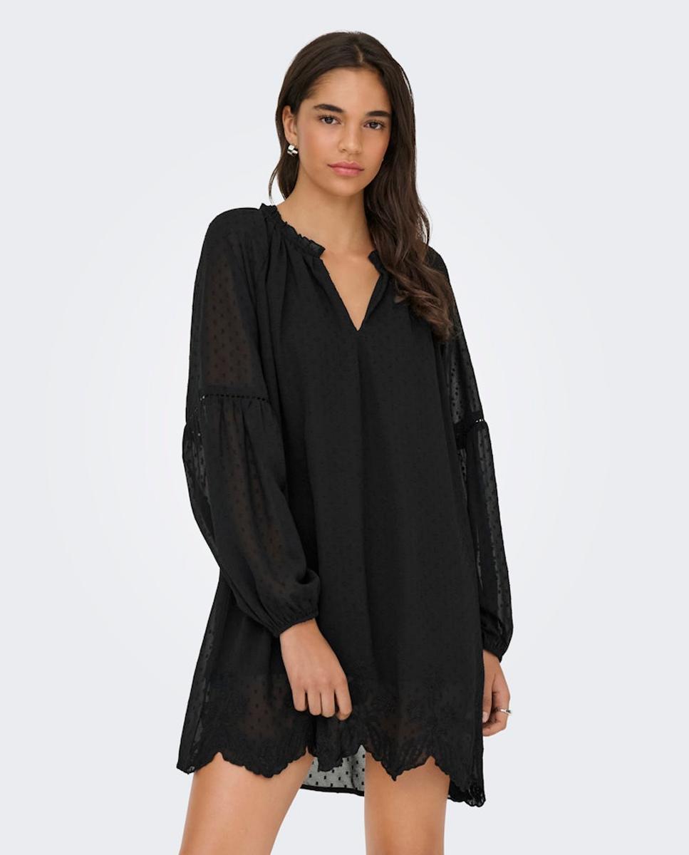 Vestido curto de manga comprida Preto-2