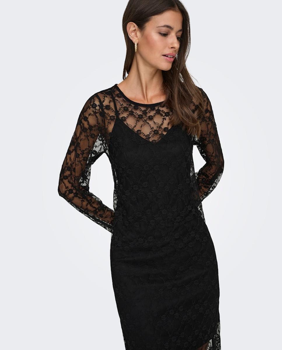 Vestido comprido de manga comprida Preto-3