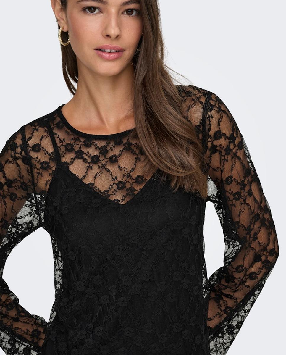 Vestido comprido de manga comprida Preto-4