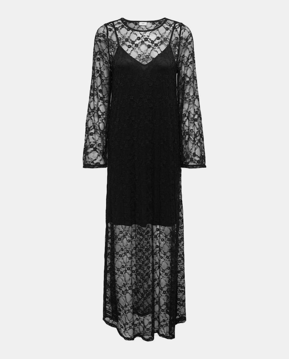 Vestido comprido de manga comprida Preto-6