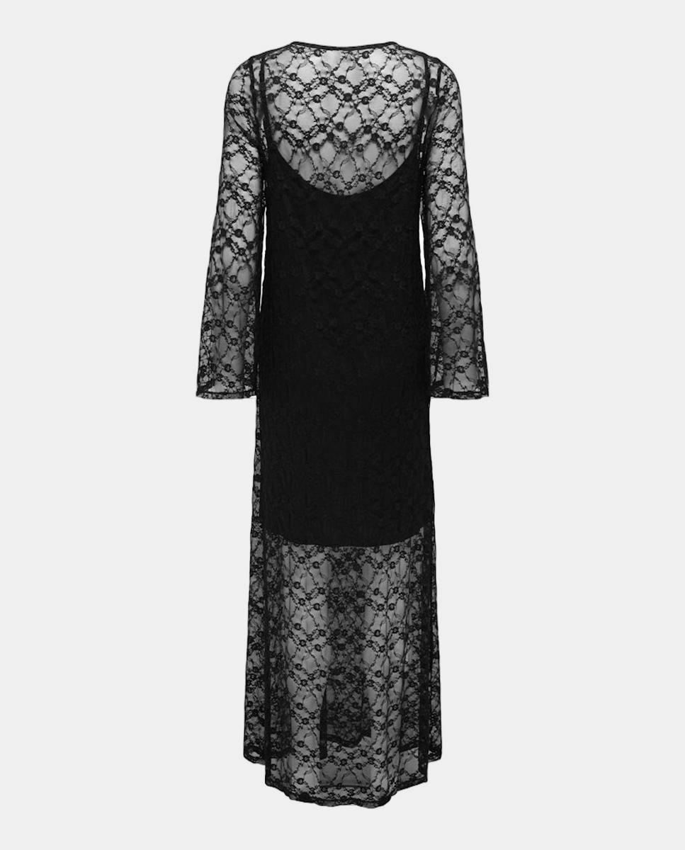 Vestido comprido de manga comprida Preto-7