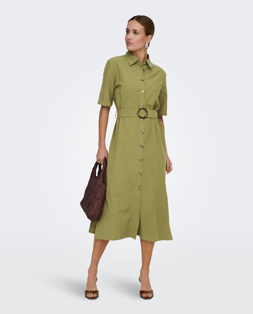 Vestido Camiseiro Midi de Linho Verde-4