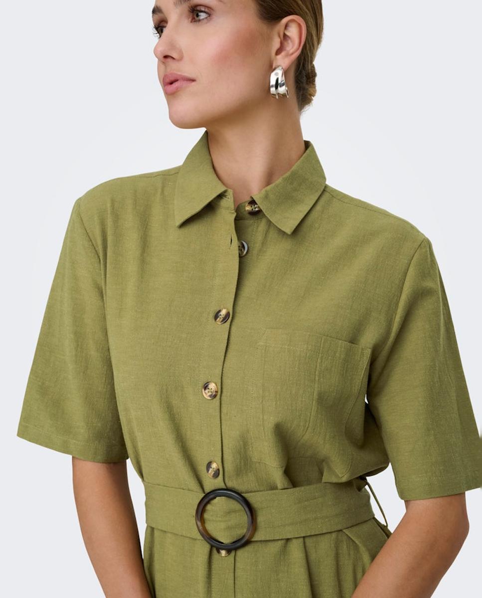 Vestido Camiseiro Midi de Linho Verde-5