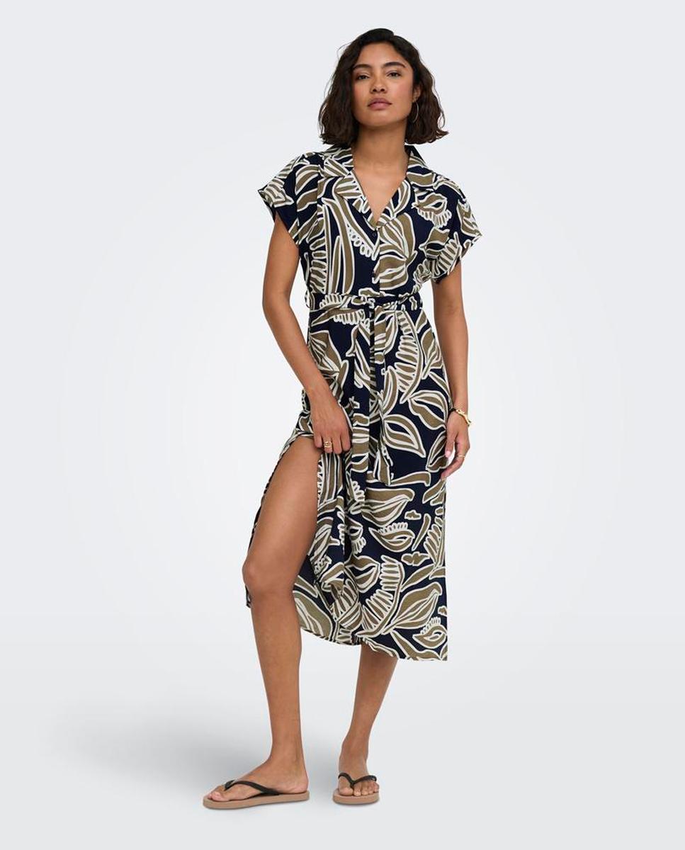 Vestido Midi com Gola Clássica e Manga Curta Azul-marinho-2