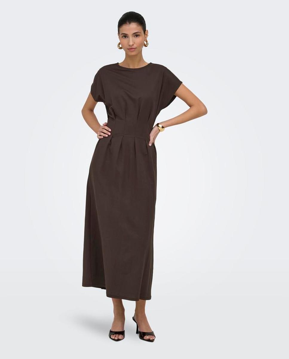 Vestido Midi de Manga Curta com Decote Redondo Castanho-escuro-2