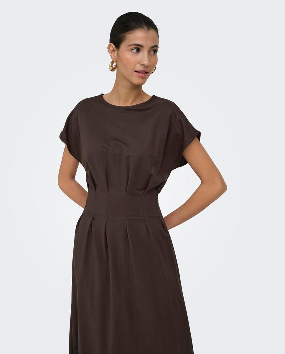 Vestido Midi de Manga Curta com Decote Redondo Castanho-escuro-4