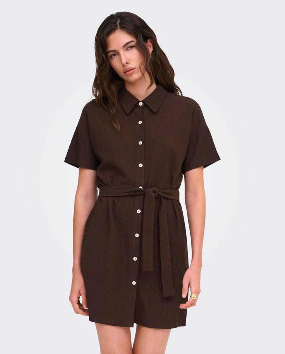 Vestido Camiseiro de Manga Curta com Cinto Castanho-escuro-2