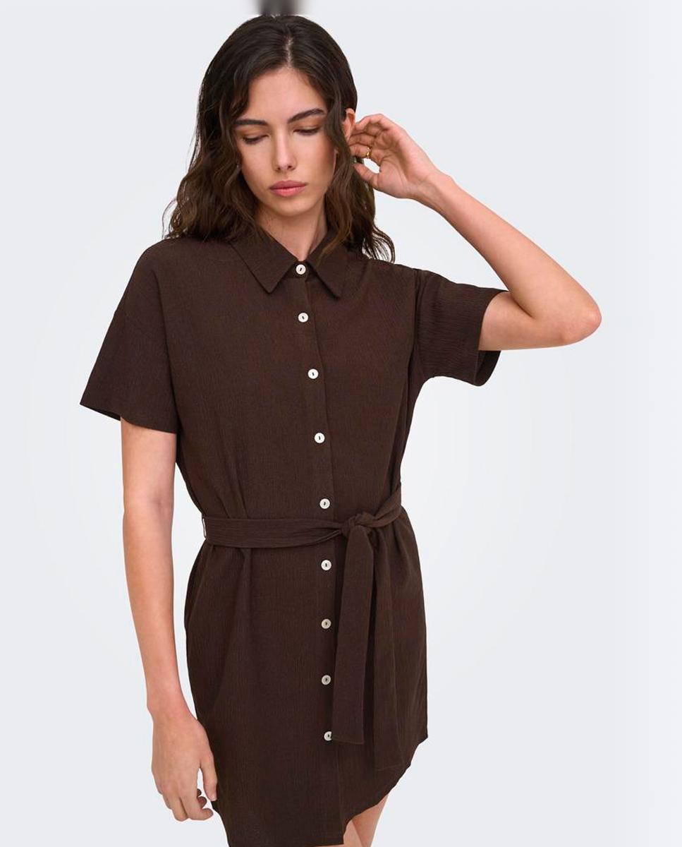 Vestido Camiseiro de Manga Curta com Cinto Castanho-escuro-5