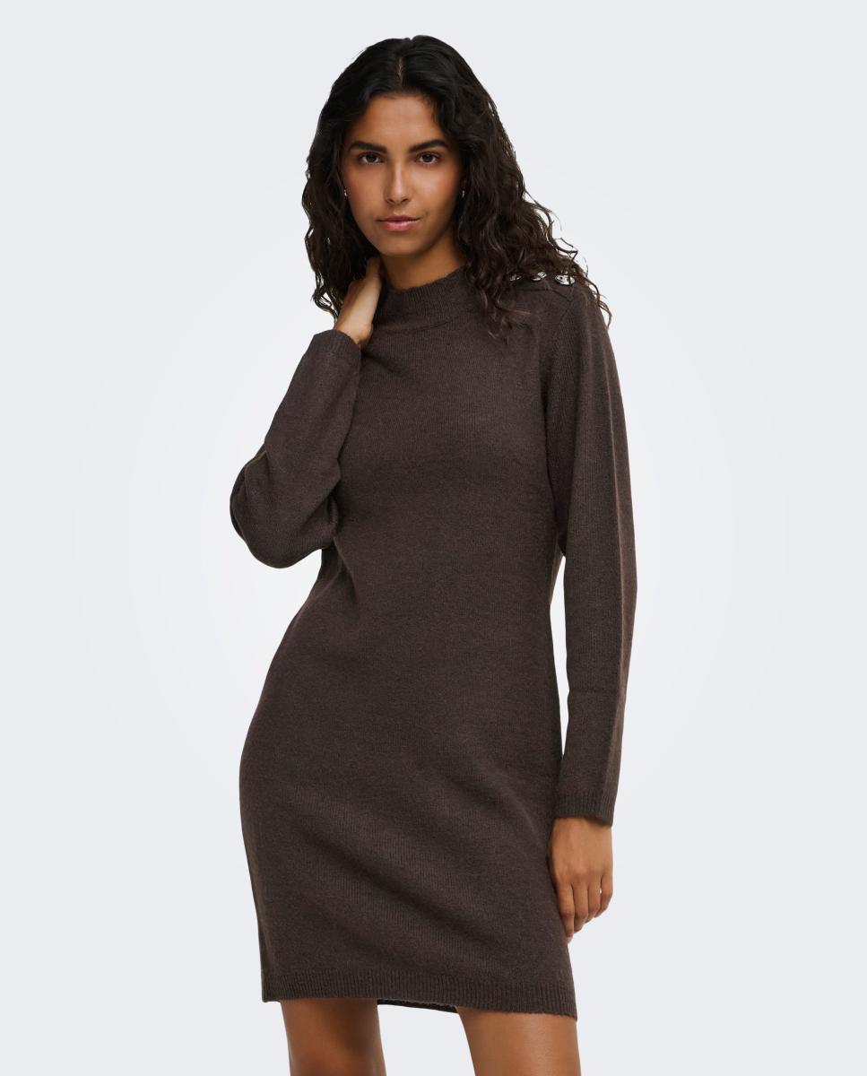 Vestido de Malha com Decote Redondo e Manga Comprida Castanho-escuro-2
