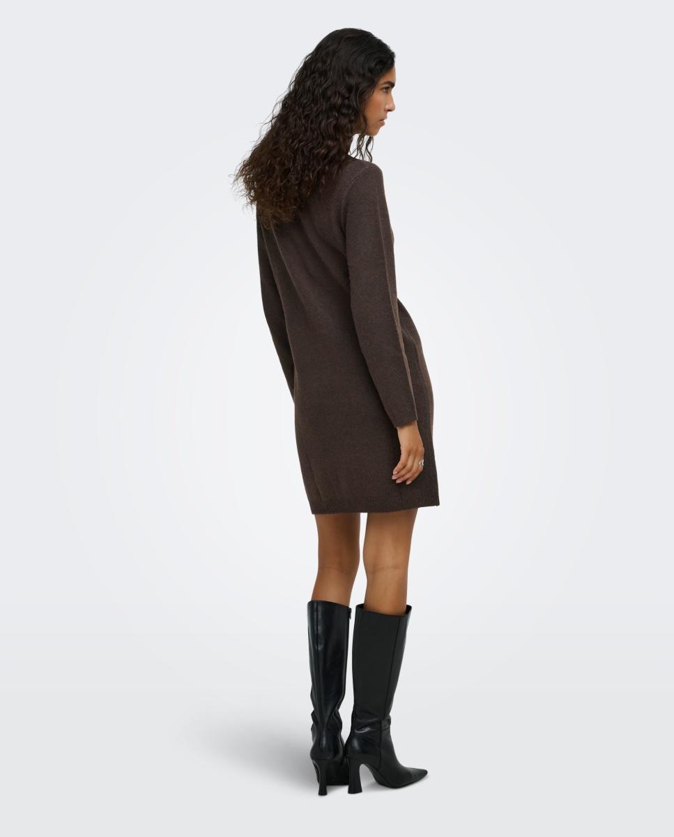 Vestido de Malha com Decote Redondo e Manga Comprida Castanho-escuro-3