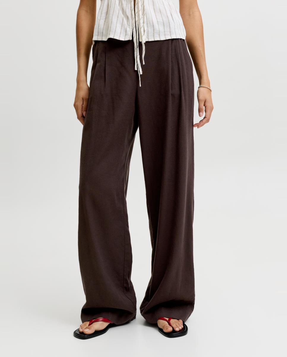 Pantalón de mujer de lino wide leg - Jack & Jones - Marrón oscuro Marrón oscuro-3
