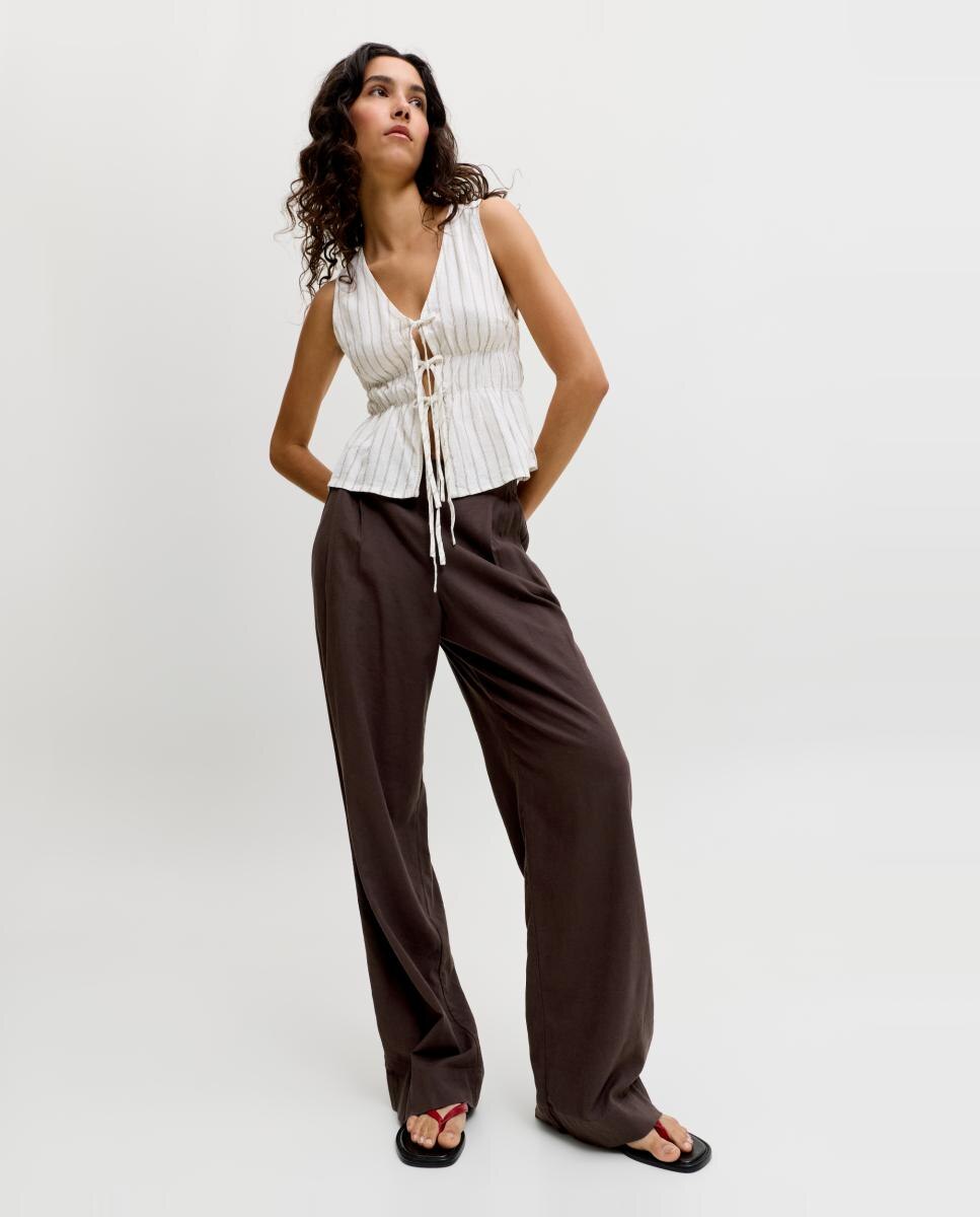 Pantalón de mujer de lino wide leg - Jack & Jones - Marrón oscuro Marrón oscuro-4