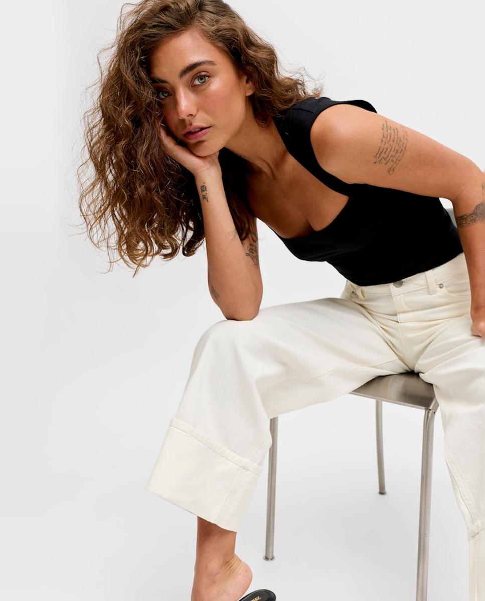 Jeans Wide Cropped com Cintura Subida Branco-4