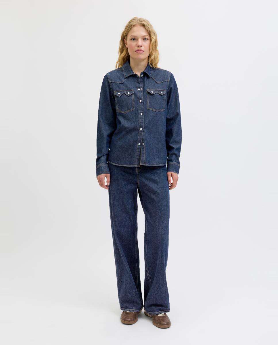 Camisa de ganga de senhora Azul-3