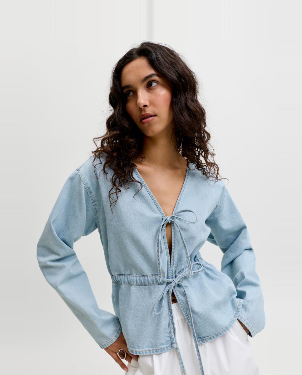 Camisa de Ganga com Laços Azul-claro-2