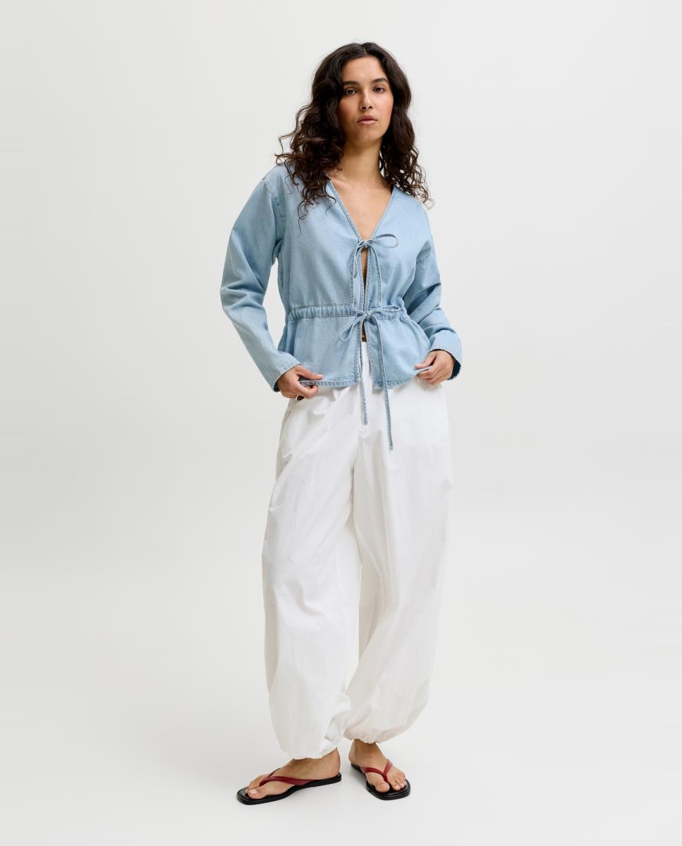 Camisa de Ganga com Laços Azul-claro-4