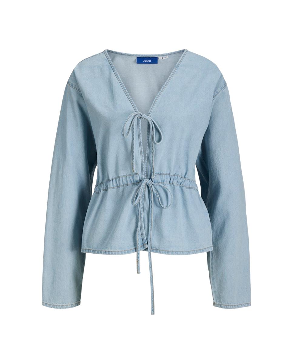 Camisa de Ganga com Laços Azul-claro-5