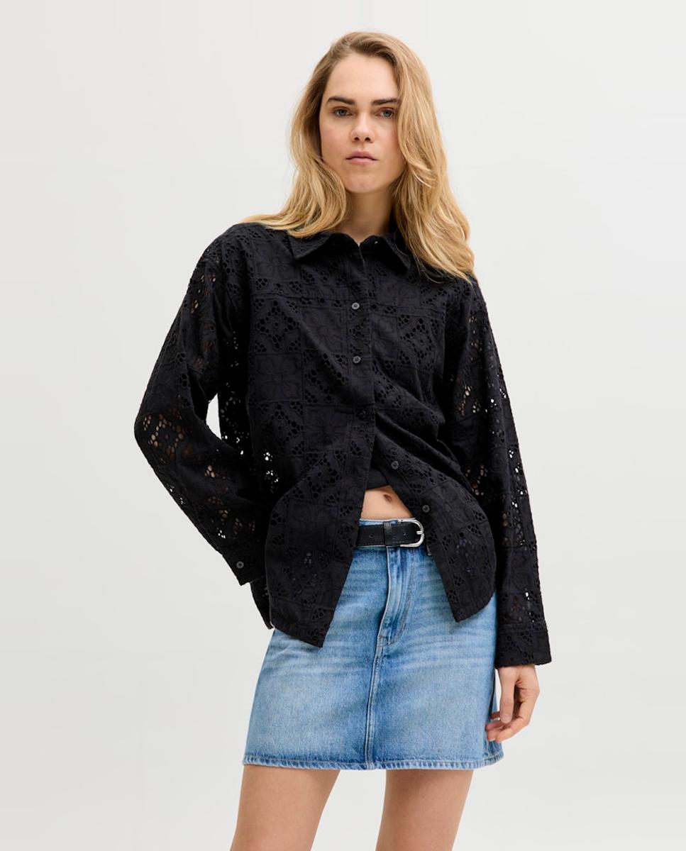 Jack & Jones - Camisa de mujer bordado calado cuello clásico.